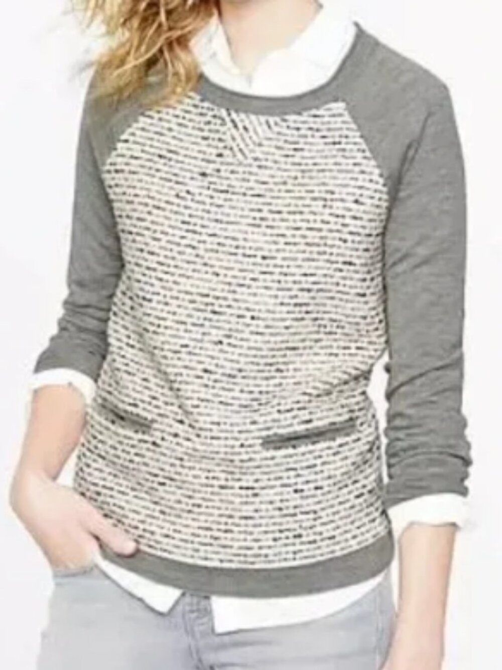 J Crew Lightweight Crew Sweater, Tweed Front / Merino Sleeves - Womens Small